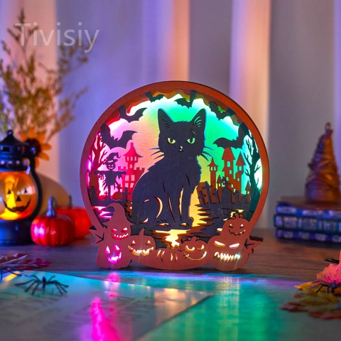 Halloween Black Cat 3D Wooden Carving, Suitable for Home Decoration, Holiday Gift